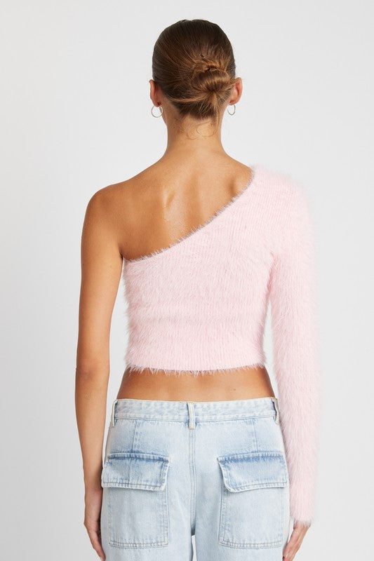 ONE SHOULDER FLUFFY SWEATER TOP- 2 COLORS