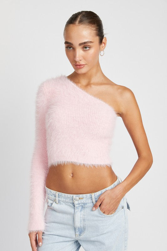 ONE SHOULDER FLUFFY SWEATER TOP- 2 COLORS