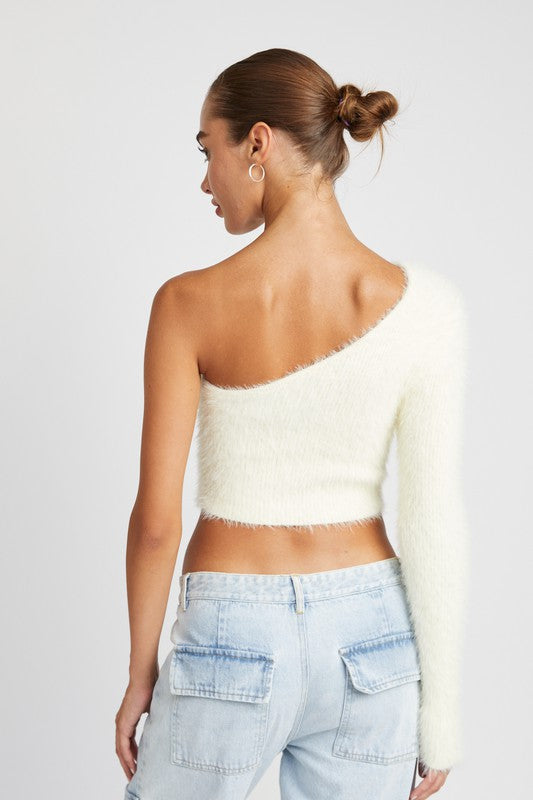 ONE SHOULDER FLUFFY SWEATER TOP- 2 COLORS