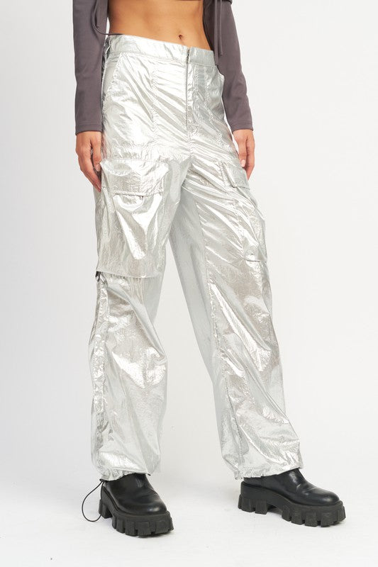 METALLIC SILVER CARGO PANTS
