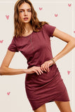 Soft Ruched Round Neck Short Sleeve Mini Dress-3 Colors