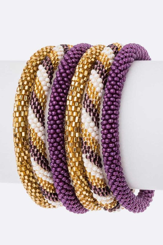 Purple Gold White Nepal Roll On Bracelet Set