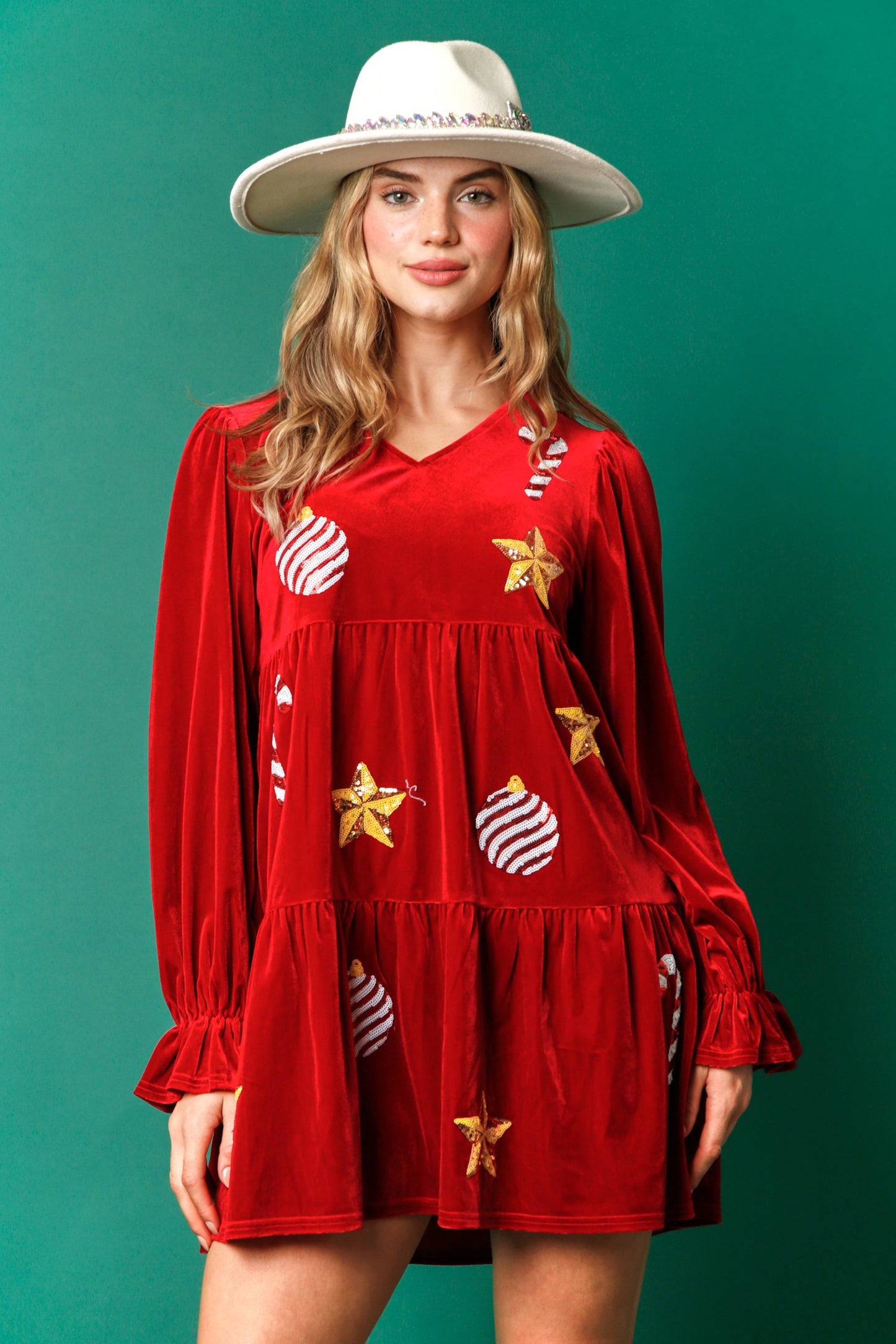 Sequin Christmas Patch Velvet Red Mini Dress