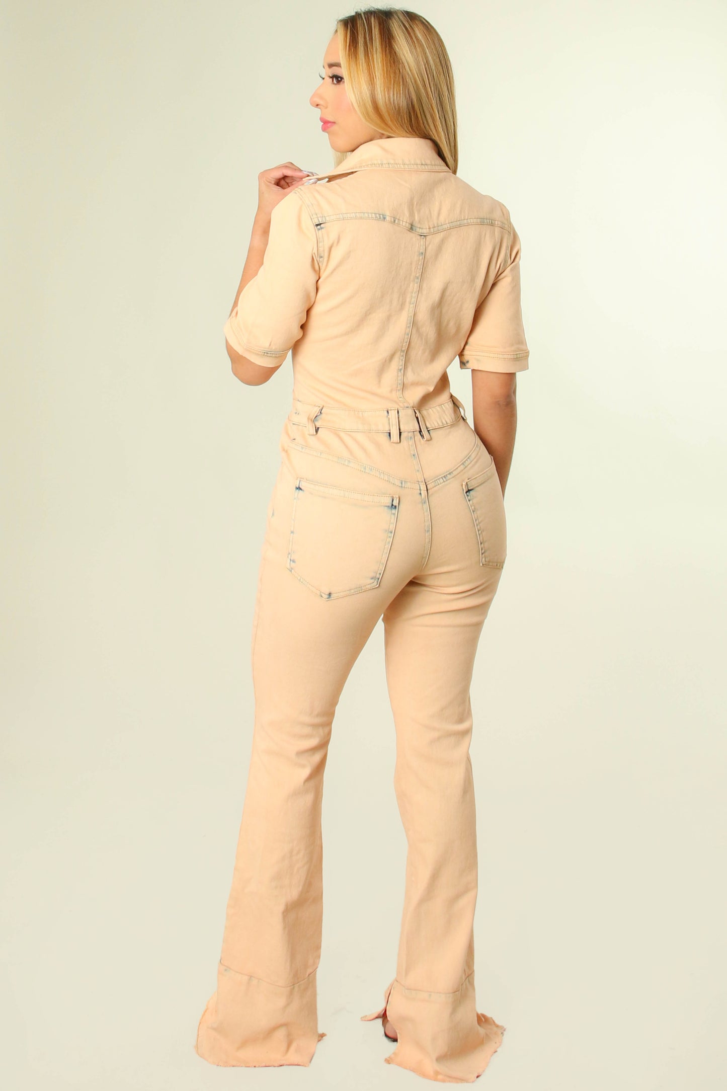 Khaki Color Washed Denim Wide Leg Jumpsuit