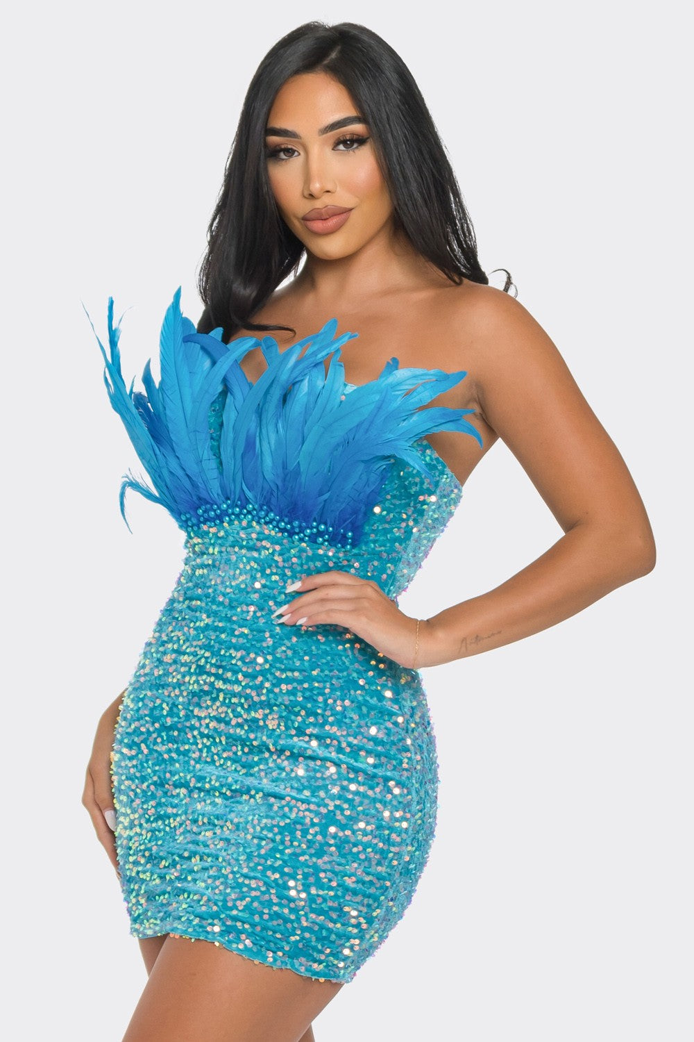 Feather & Pearl Sequin Aqua Mini Dress – S&E Retail Expo Feather & Pearl Sequin Aqua Mini Dress – S&E Retail Expo