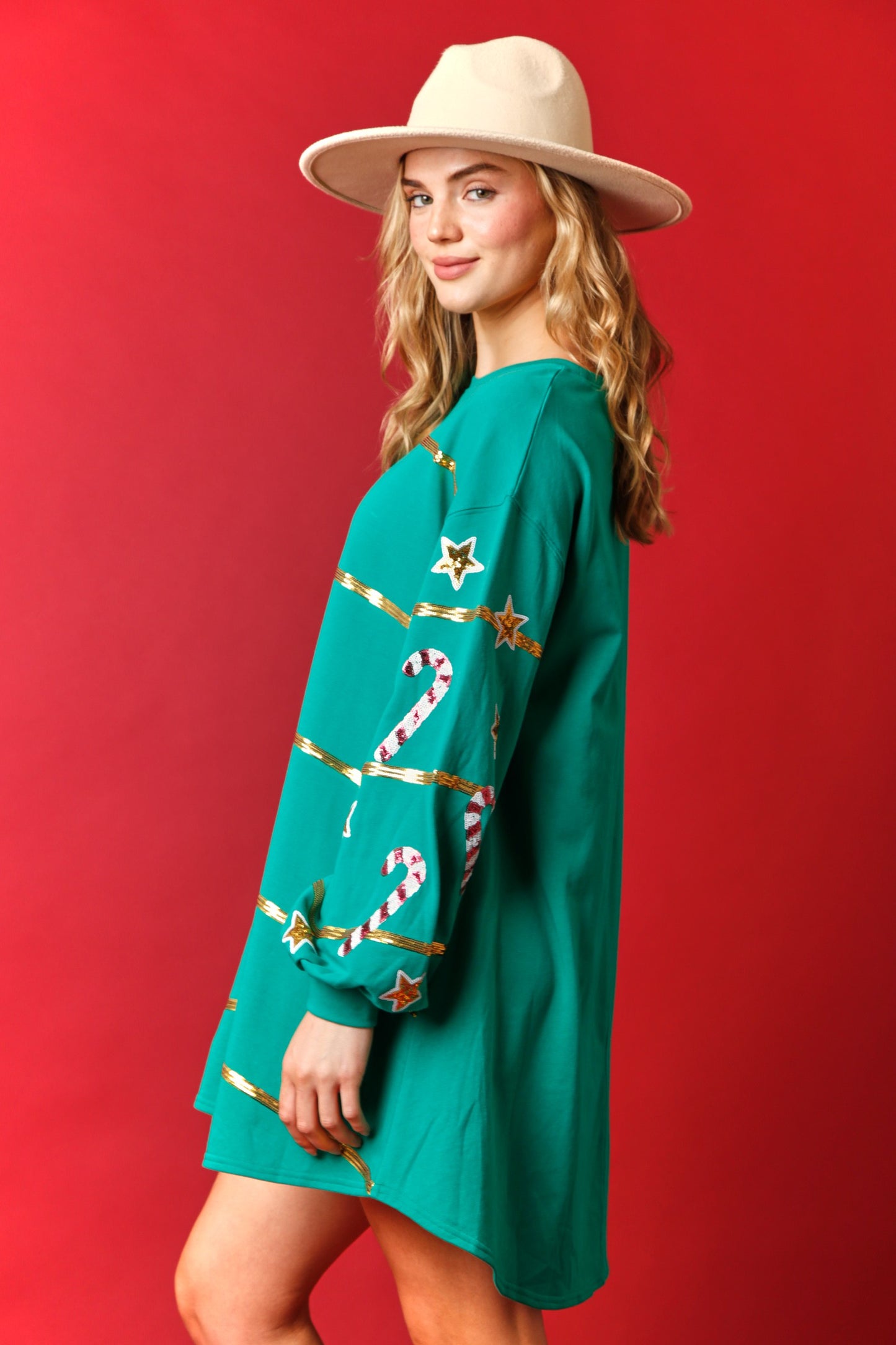 Sequin Christmas Stripe French Terry Sweatshirt Dress- Green