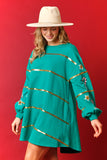 Sequin Christmas Stripe French Terry Sweatshirt Dress- Green