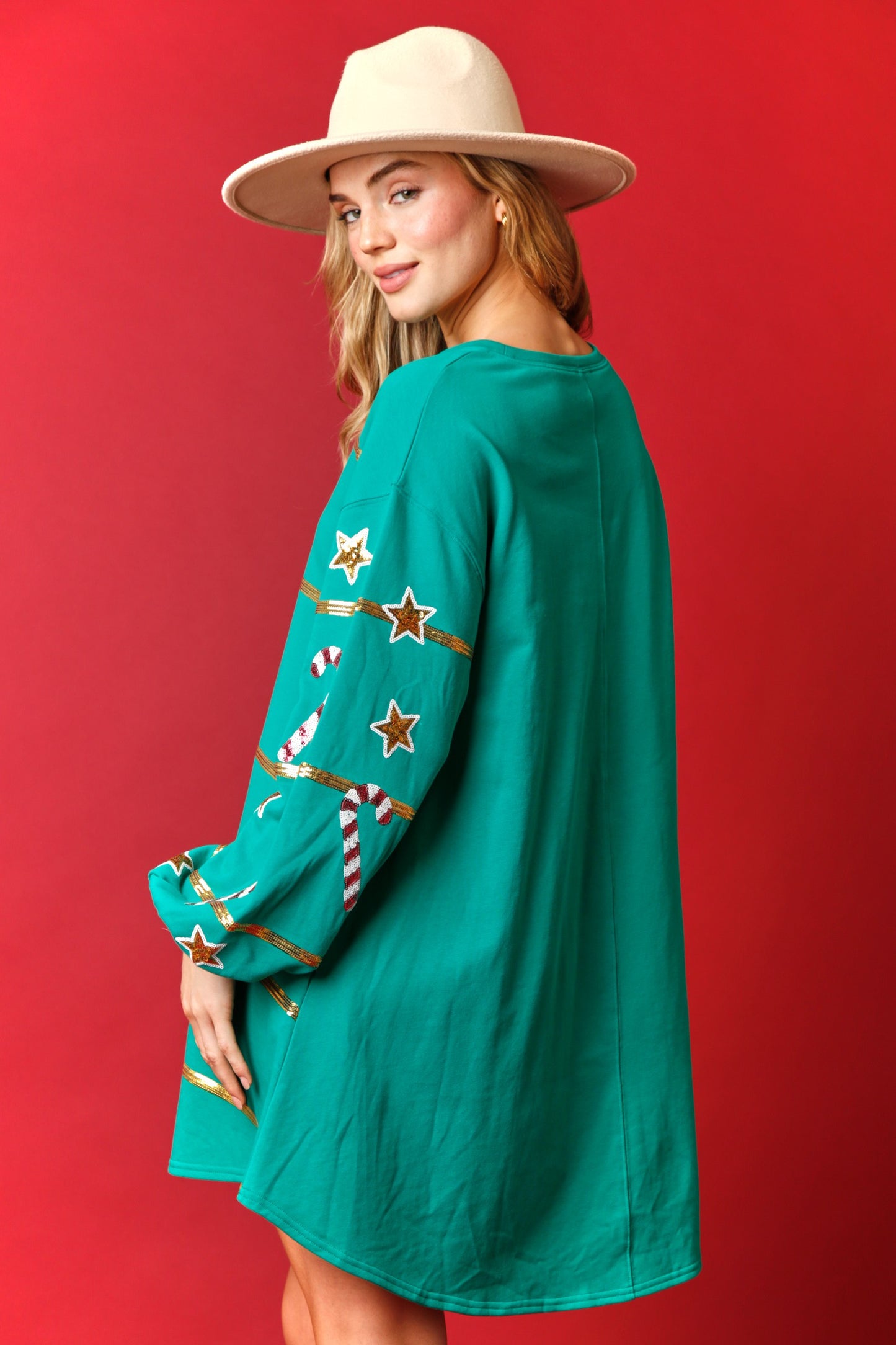 Sequin Christmas Stripe French Terry Sweatshirt Dress- Green