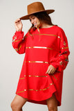 Sequin Christmas Stripe French Terry Sweatshirt Dress- Red