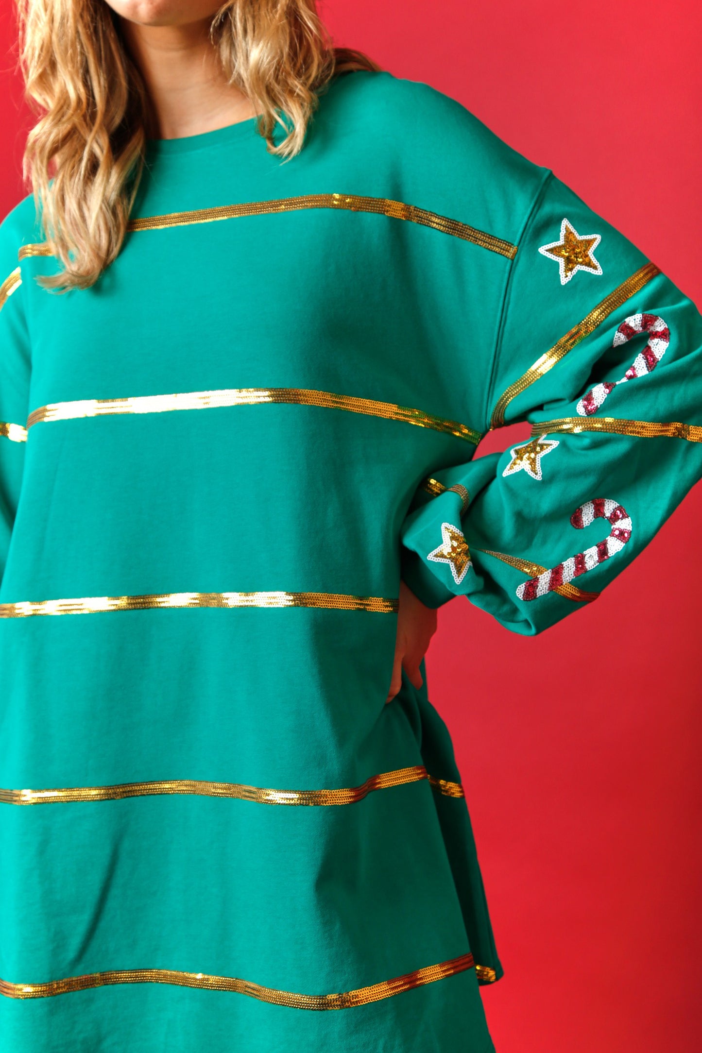 Sequin Christmas Stripe French Terry Sweatshirt Dress- Green