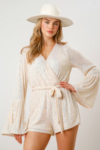 Sequin Belted Romper-Cream (Pre-Order)