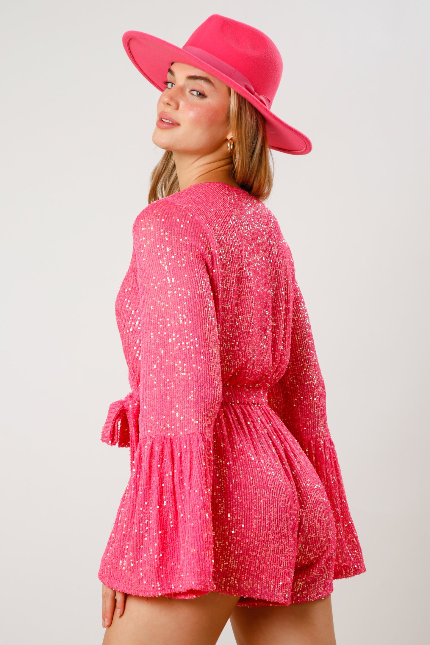 Sequin Belted Romper-Pink