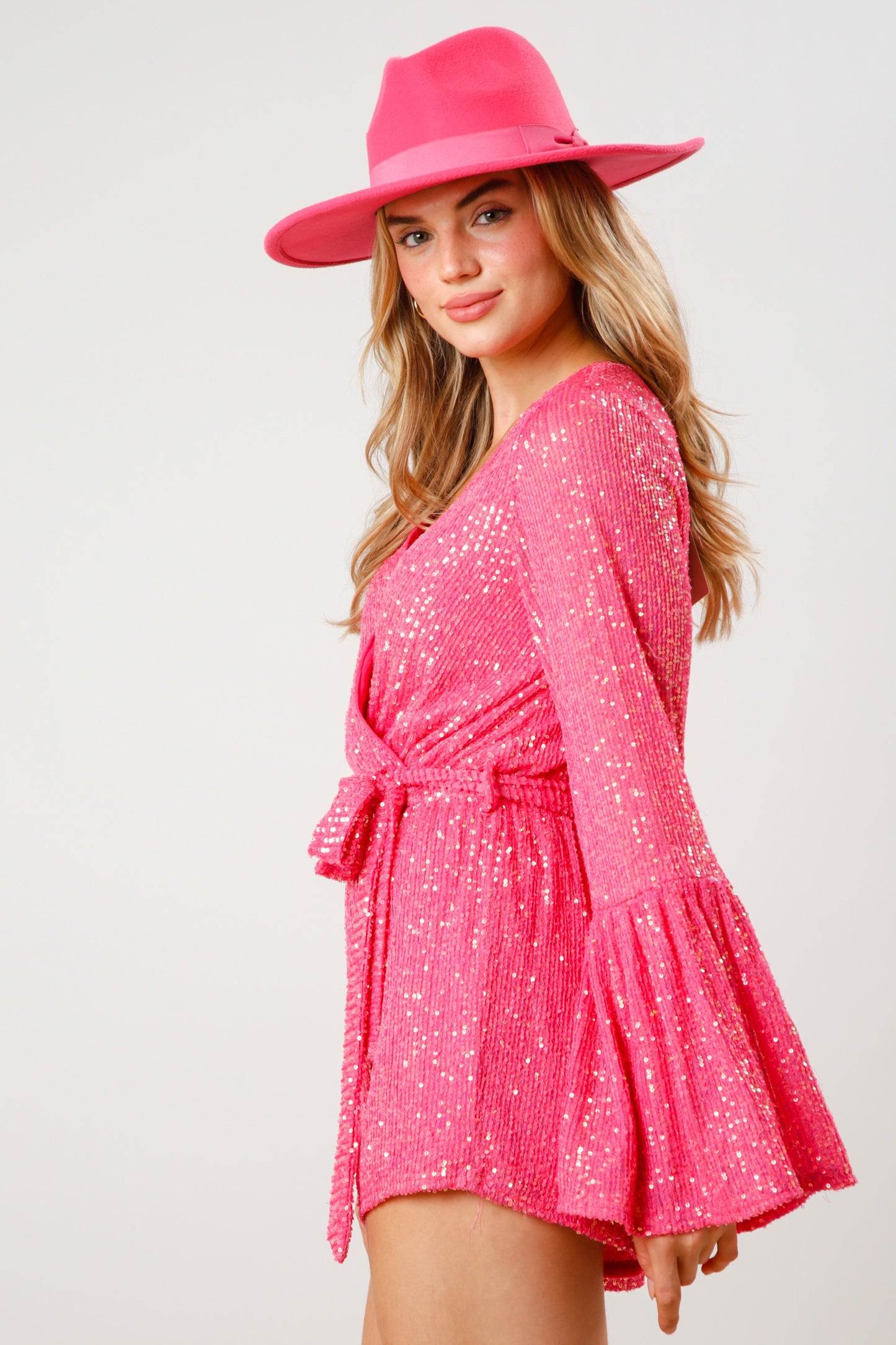 Sequin Belted Romper-Pink