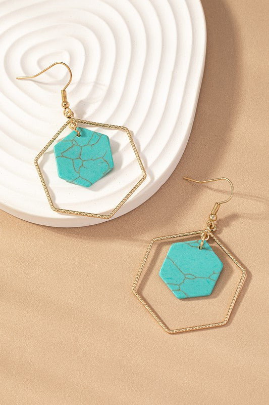 Hexagon Hoop & Stone Drop Earrings