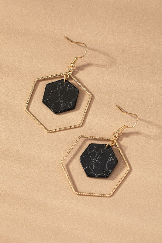 Hexagon Hoop & Stone Drop Earrings