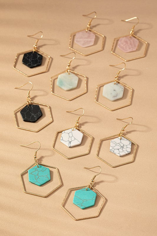 Hexagon Hoop & Stone Drop Earrings