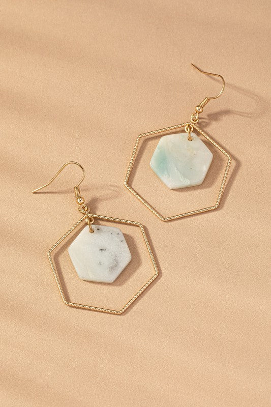 Hexagon Hoop & Stone Drop Earrings