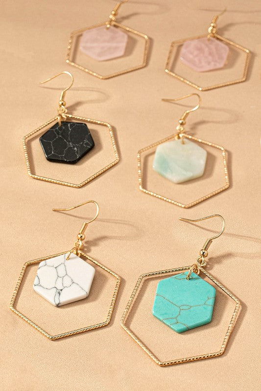 Hexagon Hoop & Stone Drop Earrings
