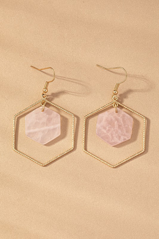 Hexagon Hoop & Stone Drop Earrings