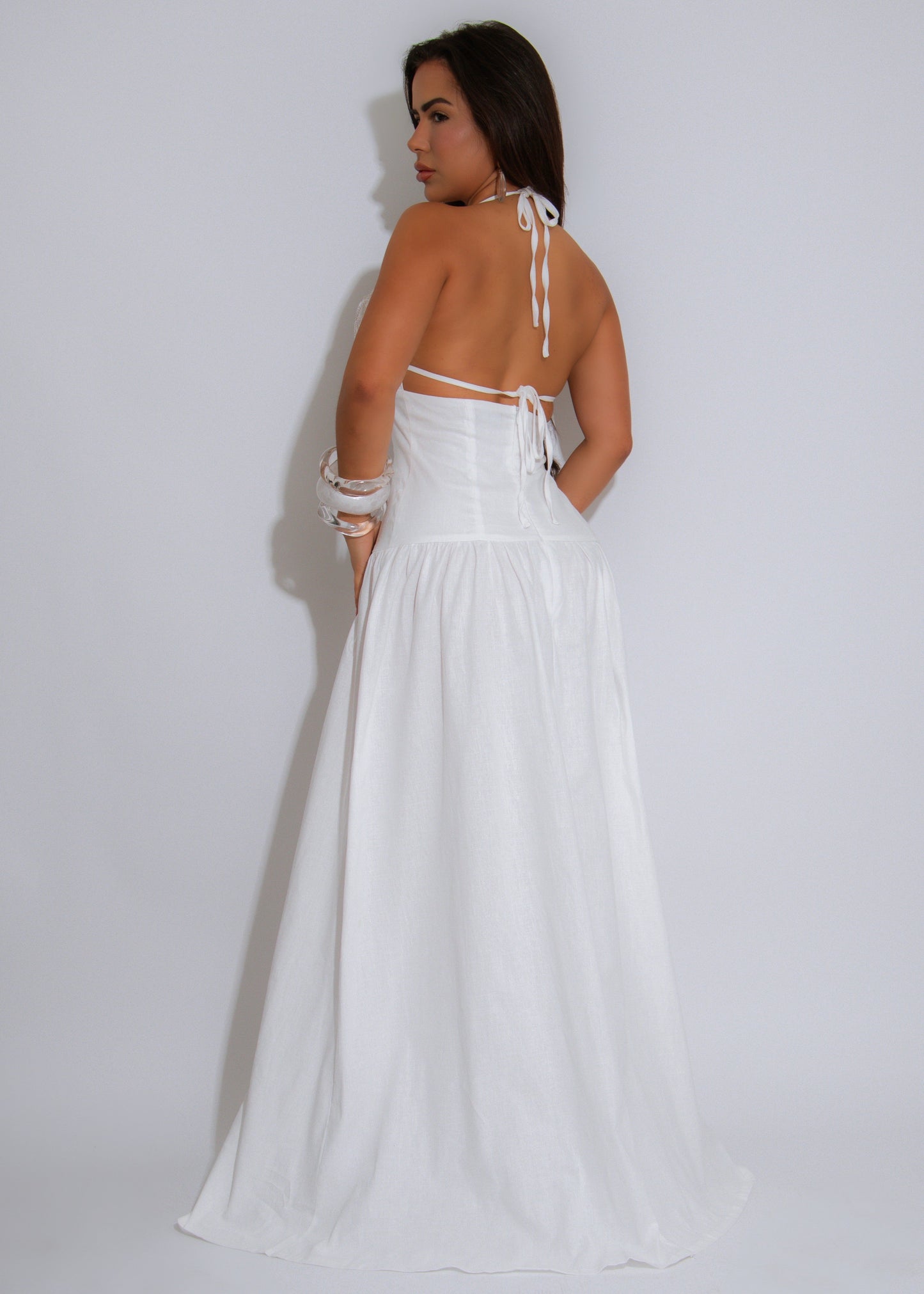 Rhinestoned 3D Rose Halter Neck Maxi White Dress