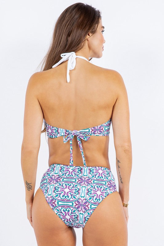 TWO PIECE FLORAL PRINTS CRISS CROSS HALTER BIKINI-2 COLORS
