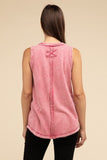 Washed Half-Button Raw Edge Sleeveless Henley Top- 3 Colors