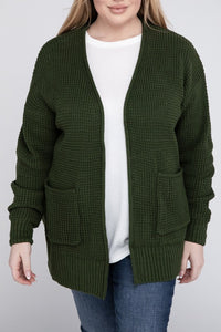 Plus Size Low Gauge Waffle Open Cardigan Sweater