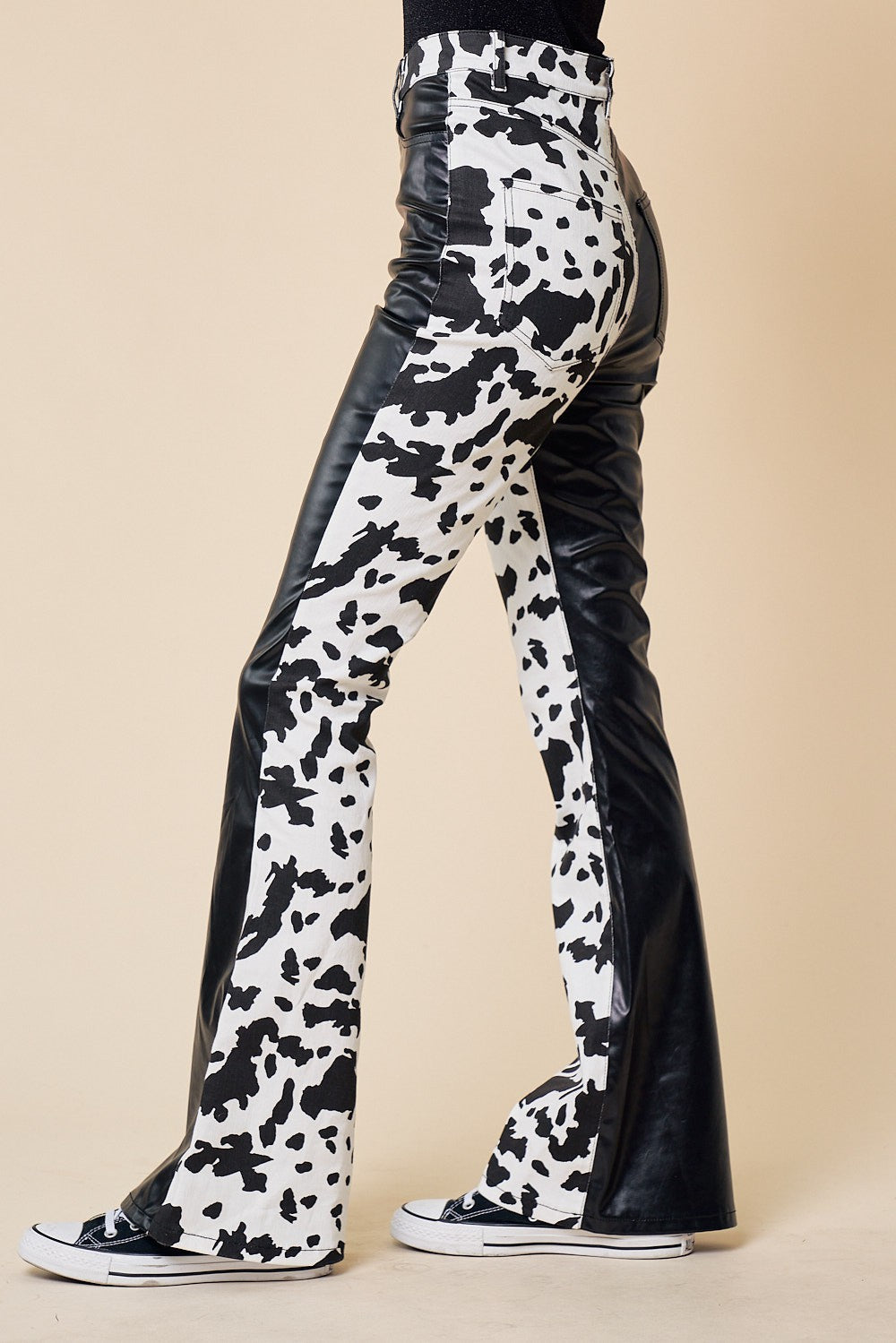 Tow-Toned Cow Print Leather/Denim Pants