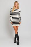 Black & White Striped Boat Neck Bell Sleeve Sweater Dress