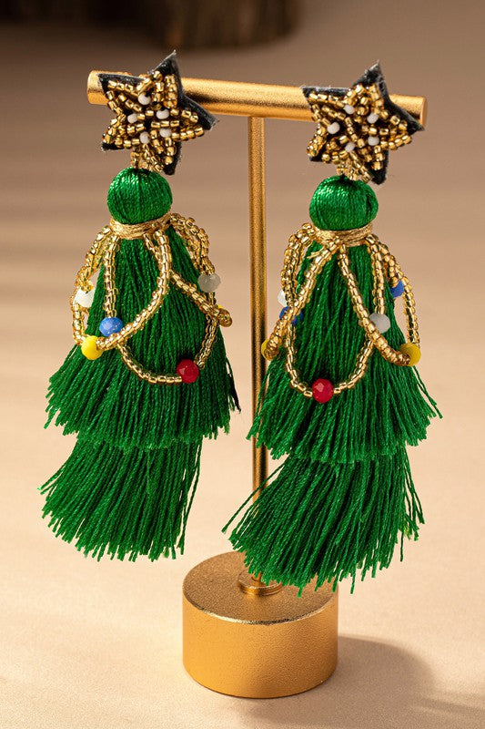Seed Bead Star & Tassel Xmas Tree Drop Earrings