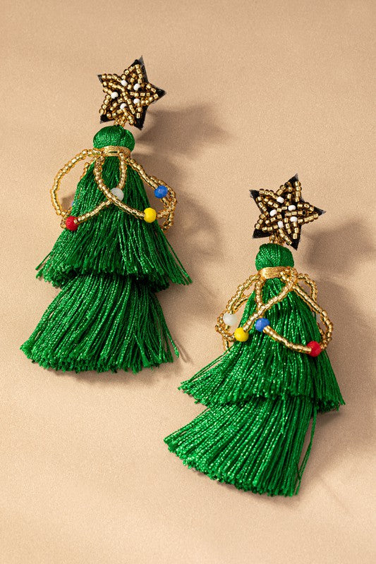 Seed Bead Star & Tassel Xmas Tree Drop Earrings