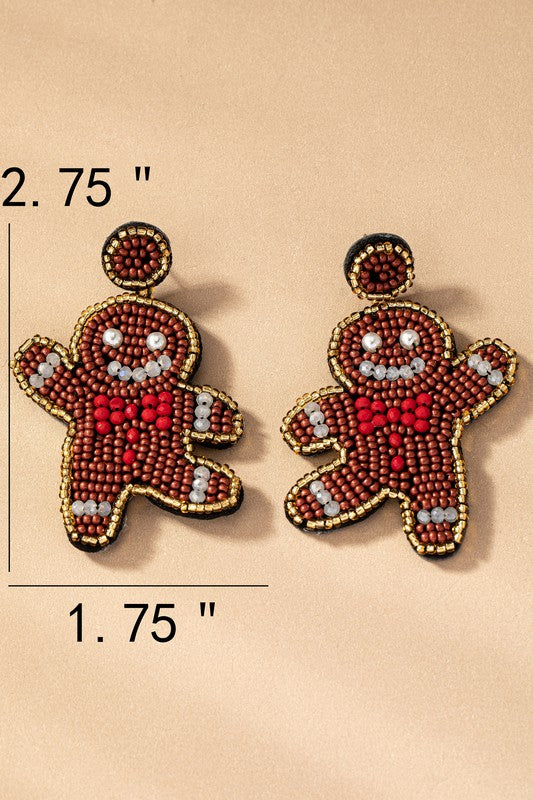 Seed Bead Ginger Bread Man Drop Earrings