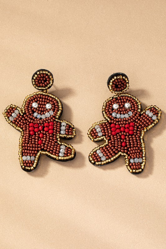 Seed Bead Ginger Bread Man Drop Earrings