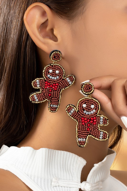 Seed Bead Ginger Bread Man Drop Earrings