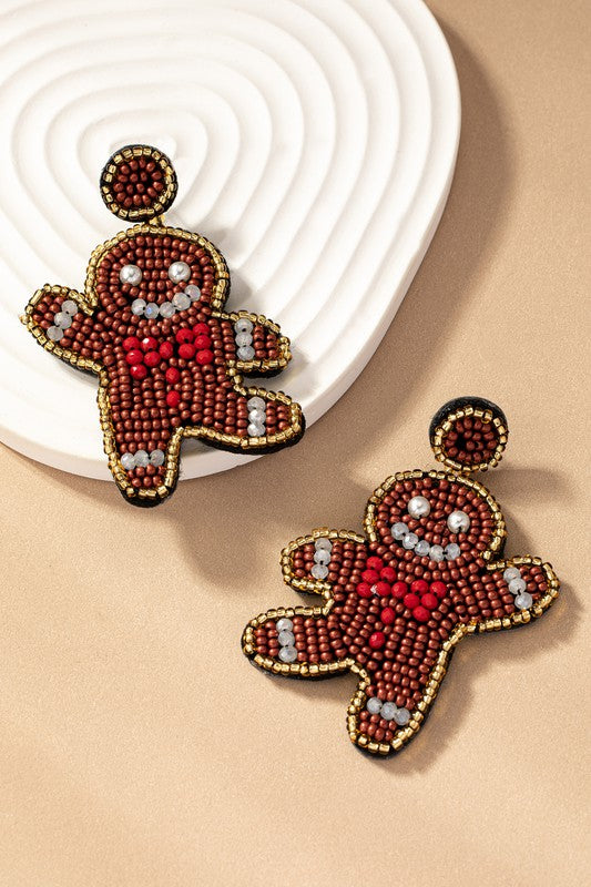 Seed Bead Ginger Bread Man Drop Earrings