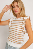 Round Neck Ruffle Sleeve Stripe Knit Top- 2 Colors