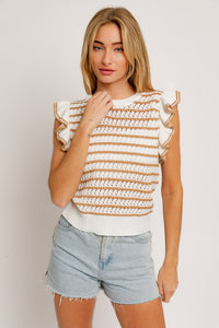 Round Neck Ruffle Sleeve Stripe Knit Top- 2 Colors