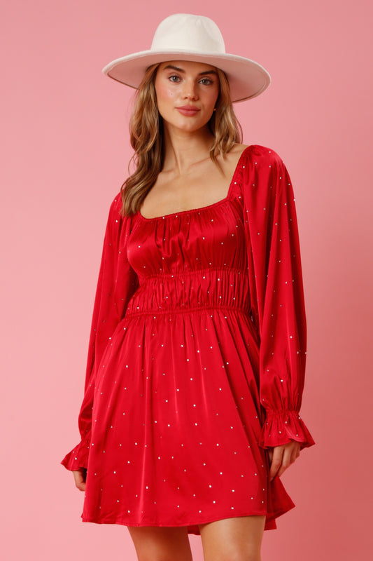 Red Satin & Rhinestone Flow Dress-Red