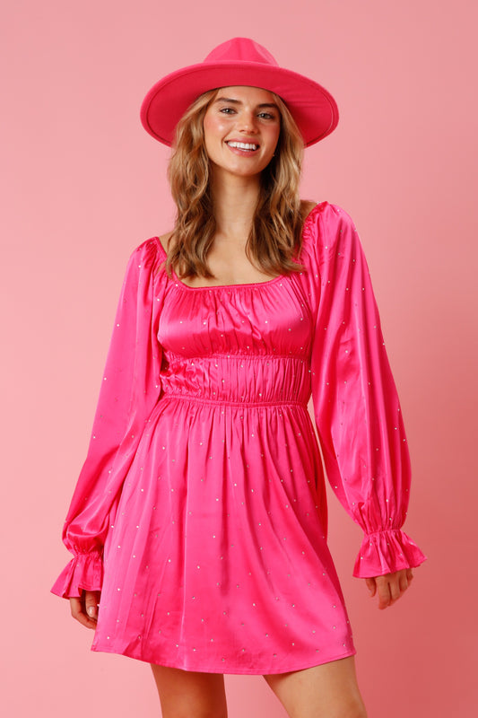 Copy of Red Satin & Rhinestone Flow Dress-Pink