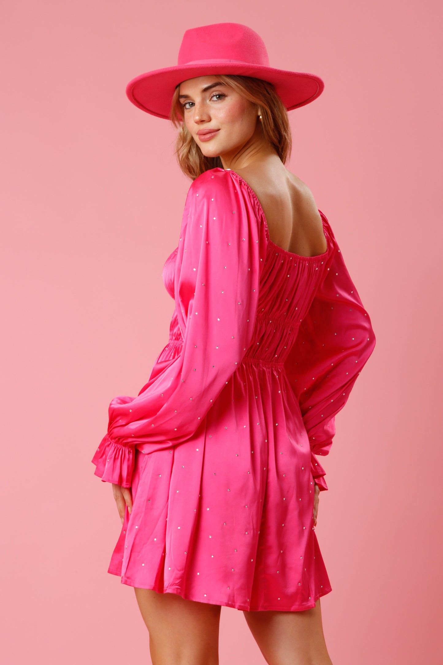 Copy of Red Satin & Rhinestone Flow Dress-Pink