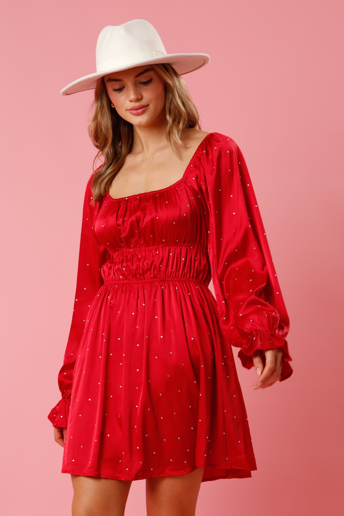 Red Satin & Rhinestone Flow Dress-Red