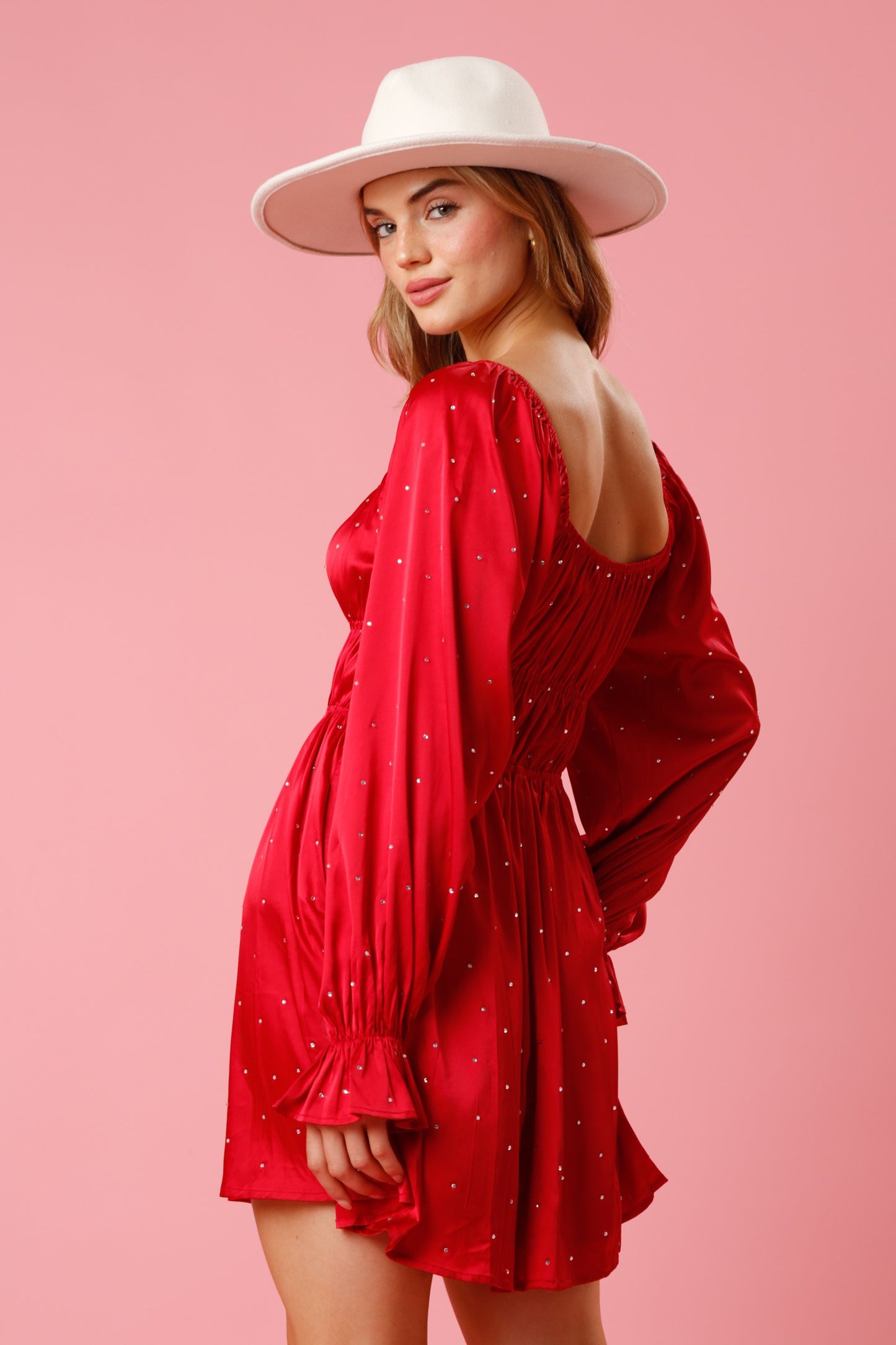 Red Satin & Rhinestone Flow Dress-Red