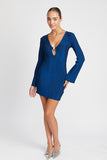 GLITTER LONG SLEEVE MINI DRESS WITH FRONT KEY HOLE- 2 COLORS