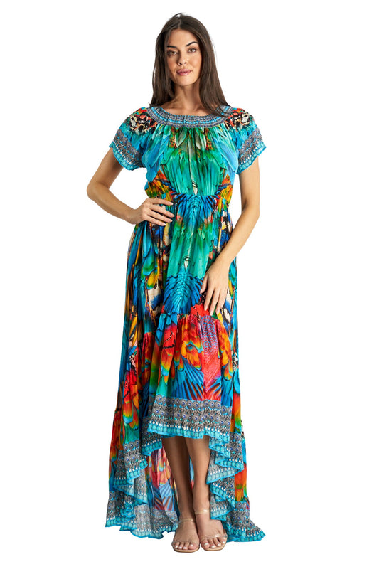 La Moda Resort Off Shoulder Maxi Dress- Blue/Multi