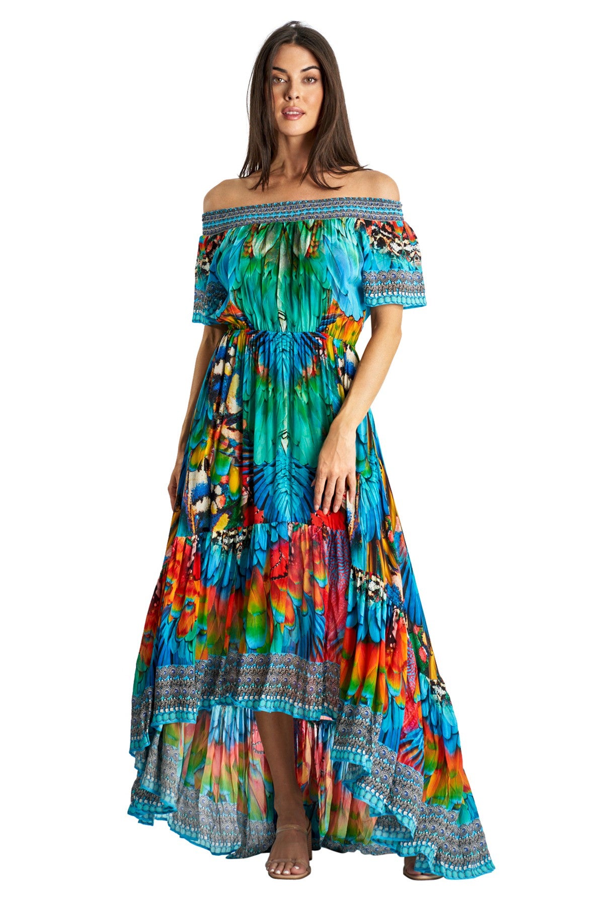 La Moda Resort Off Shoulder Maxi Dress- Blue/Multi
