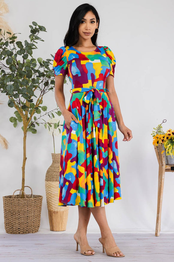 Abstract Water Color Puff Sleeve Midi Cocktail Dress