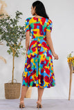 Abstract Water Color Puff Sleeve Midi Cocktail Dress