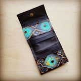 Tri-Fold Embossed Leather Wallet-Blue Navajo