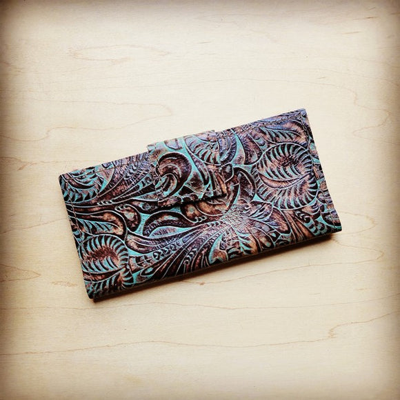 Embossed Leather Wallet-Brown Floral with Snap