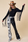 Tow-Toned Cow Print Leather/Denim Pants